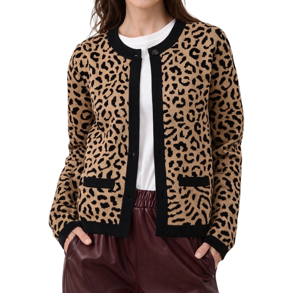 Sag Harbor Petite Animal Print Cardigan Sweater Leopard Zebra Tan Black